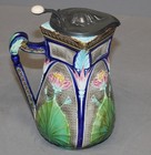 Antique Majolica Egyptian Lotus Syrup Pitcher With Pewter Lid    