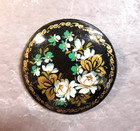 Russian Black Lacquer Floral Flowers Hand Painted Pin Brooch Artist Signed Vtg