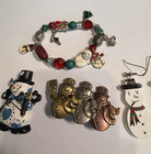 Lot Of Four Vintage Christmas Pins  Earrings   Bracelet Snowmen