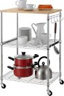 3-tier Rolling Kitchen Cart  Microwave Cart With Oak Wood Tabletop And Drawer