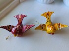 Set Of 2 Hand Painted Wooden Bird Christmas Ornaments 3  Red   Yellow Mcm Decor 