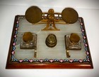 Rare Antique English Victorian Gold Scale Crystal Inkwells Enamel Scottish Onyx
