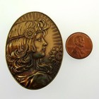 Vintage Girl With Sunflower Art Nouveau Brass Pin Antique Brooch French Casting