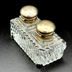 Antique Victorian Clear Pressed Glass Double Inkwell Silver Plate Lids Inkstand