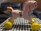 Vintage Plastic Pull Toy Pink Horse On Yellow Wheels 1970s 8 5  Tall 10 5 Long