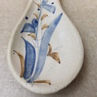 Vintage Blue Brown Floral Pottery Signed Spoon Rest