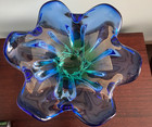 Vtg Royal Gallery Czech Blue Green Glass Footed Bowl Centerpiece  Wavy  Dsva