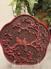 Antique Chinese Carved Red   Black Lacquer Lid Plaque Birds   Plum Blossoms 5 5 