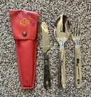 Vtg Girl Scout Camping Mess Kit Cooking Set fork Knife Spoon bag Plaid Green
