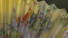 Vtg  Asian Folding Accordion Paper Fan Wooden Hand Painted Peacock Yellow