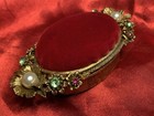 Florenza Gold Tone Faux Pearl Rhinestone Red Velvet Pin Cushion Trinket Box Vtg