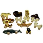 Vintage Folk Art Handmade Wood Toy Play Set 14 Pc Inuit Eskimo Igloo Case Wheels