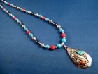 Vtg Navajo Sterling Silver Turquoise Coral Pendant Tooled  21  Beaded Necklace