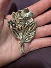 Vintage Art Deco Silver Flower Brooch Pin With Clear Rhinestone