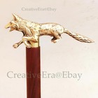 Solid Brass Walking Stick Fox Head Handle Vintage Brown Wooden Handmade Cane New
