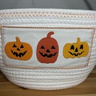 Halloween Rope Basket White Round With Handle Diam-12   H-7  Appliqued Pumpkins