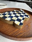 Mackenzie-childs Rabbit Trivet Blue Check Wood Gold Edge