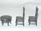 Antique Miniature Dutch Silver 925 Dollhouse Table   2 Ladderback Chairs  Label
