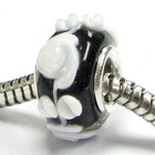Sterling Silver Core Glass White Flower Black Bead For European Charm Bracelet