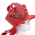 New Giovanna Collection Red  High Crown Strip Hat W rhinestone Church Derby