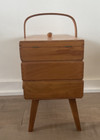 Vtg Wood Fold Out Three Tier Accordion Sewing Box Legs Handle Dovetail