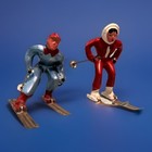 Vtg Barclays Miniature Man  woman Lead Model Downhill Skiers Complete Poles Ski