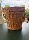 Vintage Large Wicker French Bakery Basket W Lid   Handles 12   tall Natural Rattan