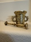 Antique Brass Mortar   Pestle With Ornate Dragon Handles  Engraved  4 5  X 5 
