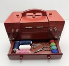 Wood Cantilever Sewing Box 7 Compartment Accordion Storage Case Red