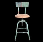 Industrial Drafting Stool Chair Green Metal Wood Leather Seat Adjustable Height