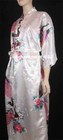 Elegant Peacock Silk Satin Kimono Robe Sleepwear Long W  Waist Tie  White