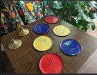 Set Of 6 Hammered Copper Enamel Coasters     Mid Century Modern Retro Barware