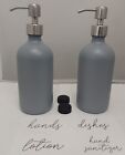 16 Oz Glass Bottle Gray Coated Soap Dispenser Stainless Steel Top Pumps 2 Pcs