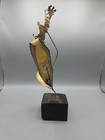 Vtg Mcm Brutalist Brass Flower Sculpture On Wood Block Boho Nature Whimsical 11 