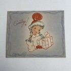 Vintage Mid Century Christmas Greeting Card Pretty Girl Long Hair Holds Gift