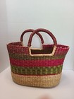 Beautiful Handwoven Large African Tote Market Basket Leather Uneven Handles Vtg 