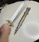 Ceremonial Stainless Steel Dagger Short Sword Knife In Blue Gold Sheath 