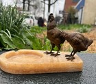 Early 1900s Antique Austrian Vienna Cold Painted Bronze Chickens   Hens Ashtray