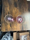 Set Of 2 Red   Clear Etched Stemmed Glass Wine Glasses  Round  Service For 2