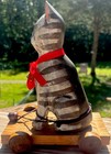 Wooden Cat Pull Toy On Wheels Grey Painted Hand Carved Folk Art