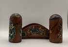 Vtg Australia Aboriginal Art Handmade Painted Wooden Salt Pepper Shakers W Stand