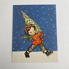 Vintage Mid Century Christmas Greeting Card Cute Girl Carries Tree Snow Glitter
