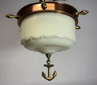 Vtg Nautical Light Fixture Mcm Brass Anchor Closet Custard Art Glass Shade  l60