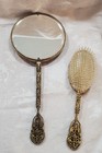 Antique Gold Ormolu Filigree Jeweled Mirror   Brush Vanity Set