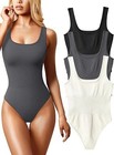 Oqq Women s 3 Pc Bodysuits Ribbed Sleeveless Square Neck Tank Blk dkgray ivory S