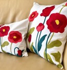 2 Sizes Cottage Embroidered Red Poppies Poppy Flower Floral Throw Pillow Cover