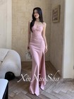 Pink Strapless Sleeveless Maxi Dress Corset Lace-up Back Slit