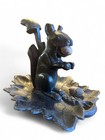Vtg Black Cast Metal Manual Squirrel Nutcracker Perched On Leaf Tray 1970   s
