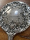 Vintage Silver Plated Round Hand Held Vanity Mirror Floral Pattern