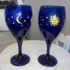 Libbey Wine Glass    Goblets Cobalt Blue Celestial Sun Moon Stars Stem Set 2 New
